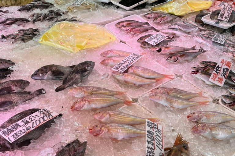 A fish-market counter of whole fish on ice with handwritten price tags
