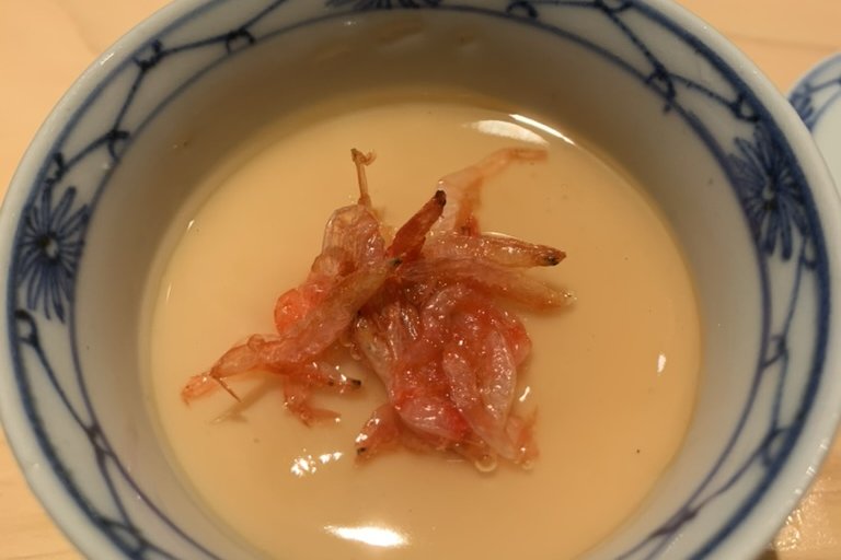 A chawanmushi savoury custard topped with cherry shrimp