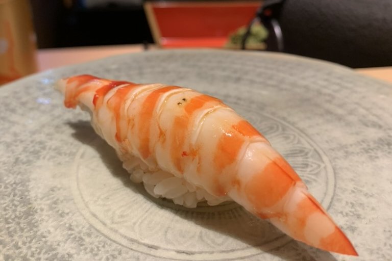 A cooked kuruma-ebi tiger prawn nigiri