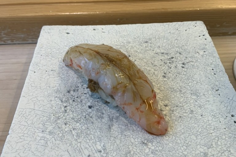 A large translucent botan shrimp draped over rice on a white plate