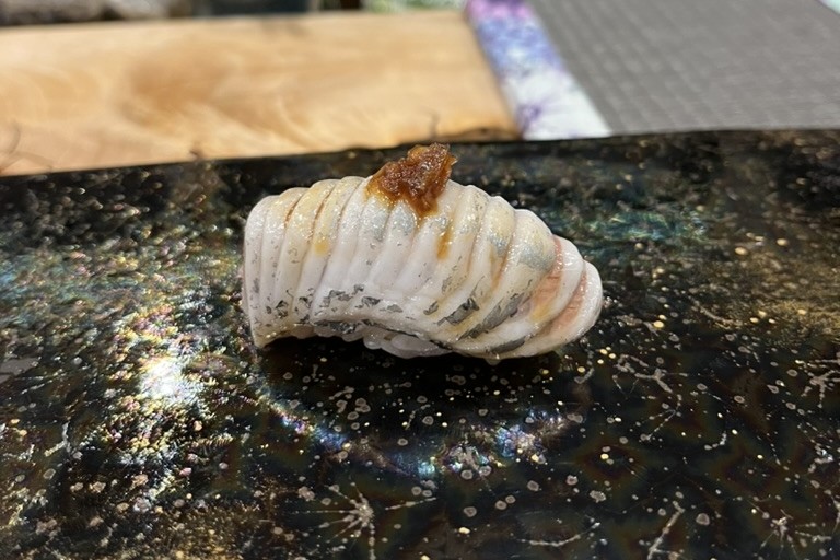 An iwashi (sardine) nigiri with finely scored silver skin and a dab of grated ginger, on a dark gold-flecked plate at Sakamoto Sushi