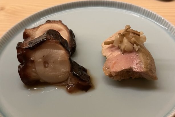 A plate with simmered octopus and a slice of monkfish liver