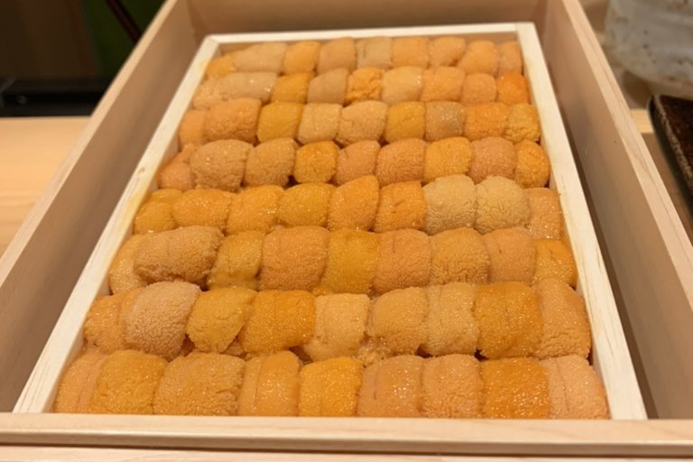 A full wooden box of uni at the counter