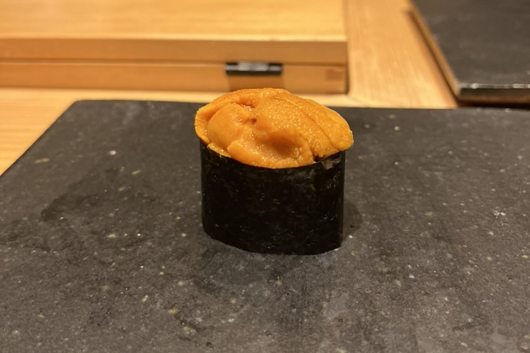 A uni gunkan, sea urchin wrapped in nori